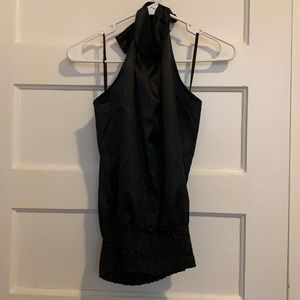 Silky black tie around neck blouse